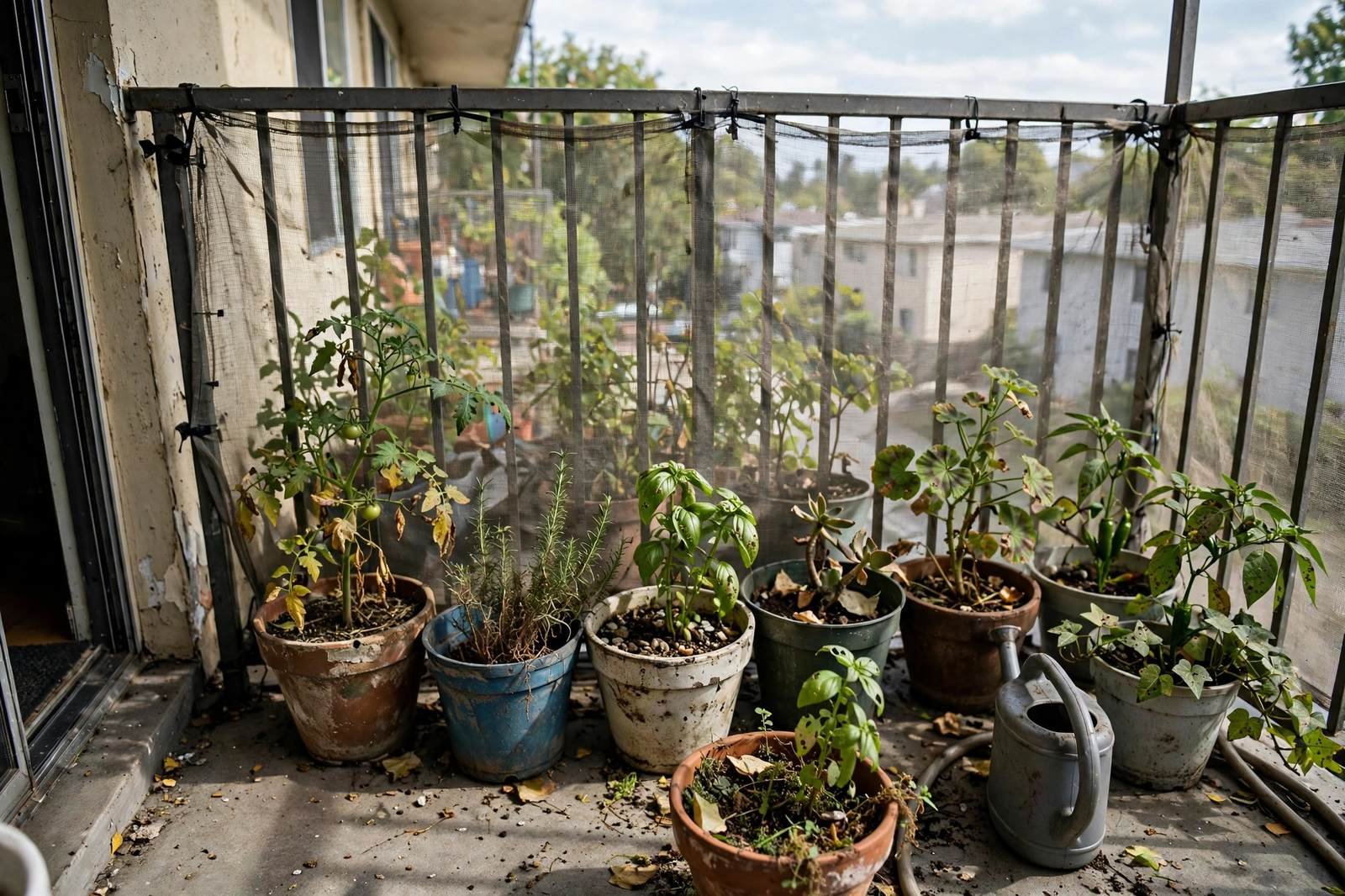 Balcony potted plants sheltered behind a mesh windbreak screen on the railing
