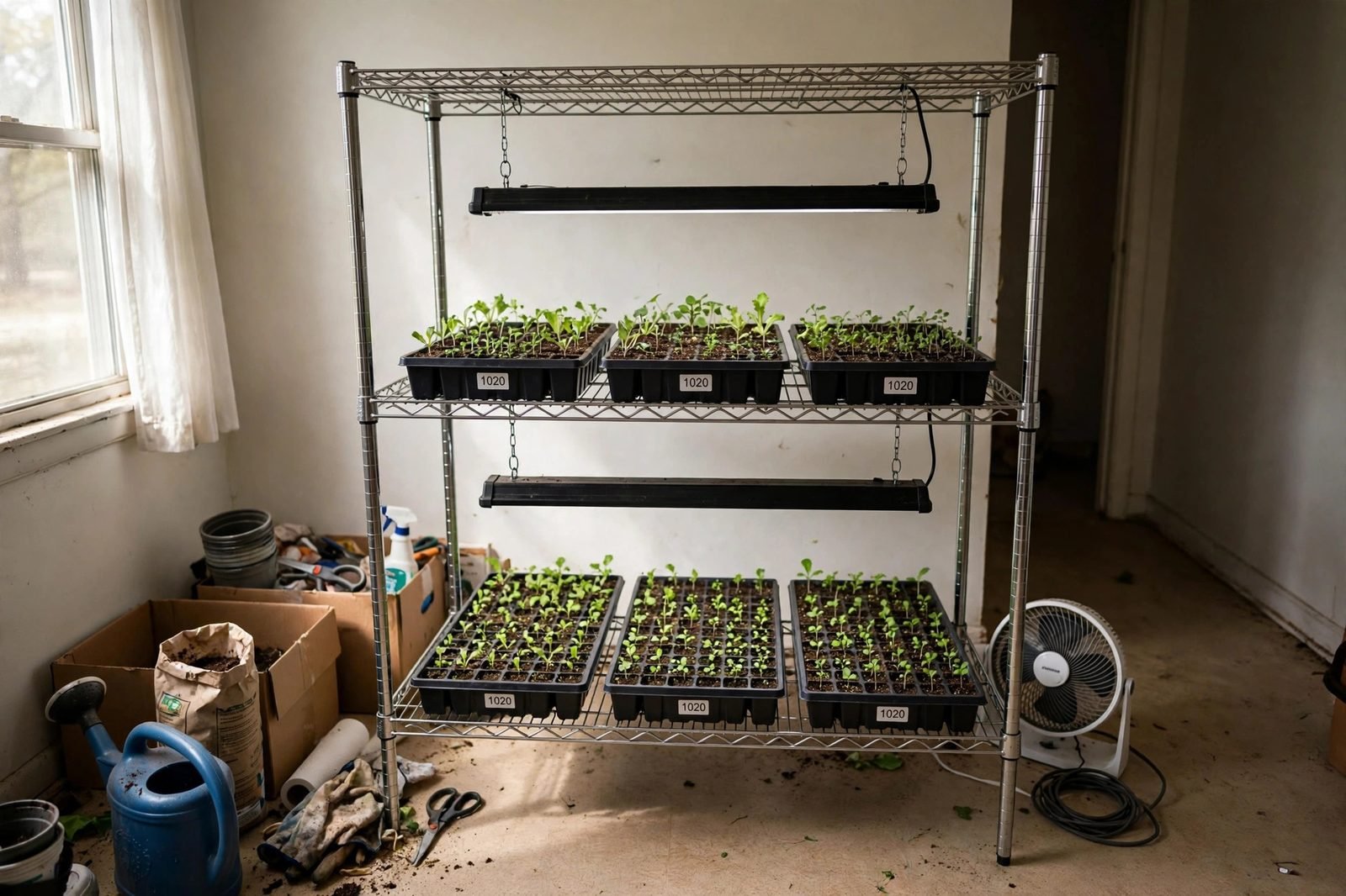 Metal wire shelving unit set up as an indoor seed starting station with grow lights and trays of seedlings