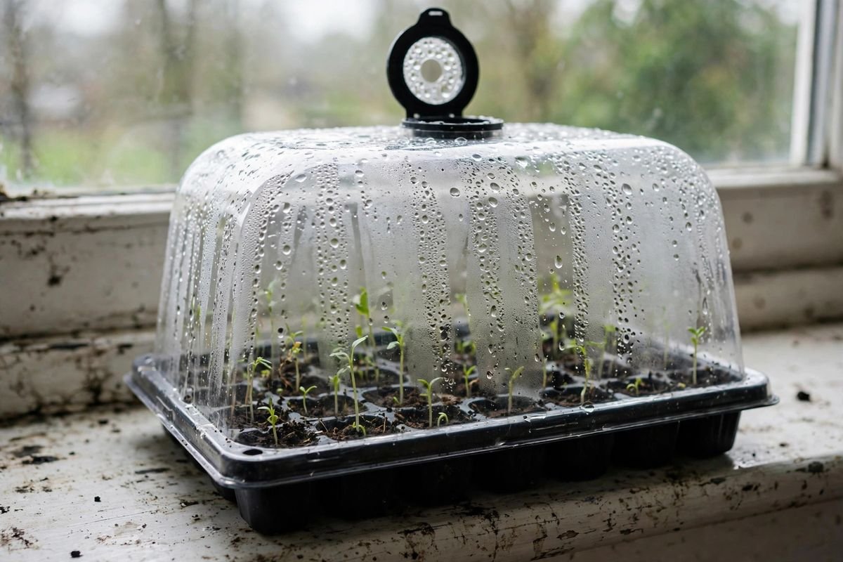 Humidity dome with condensation over seedlings on a windowsill