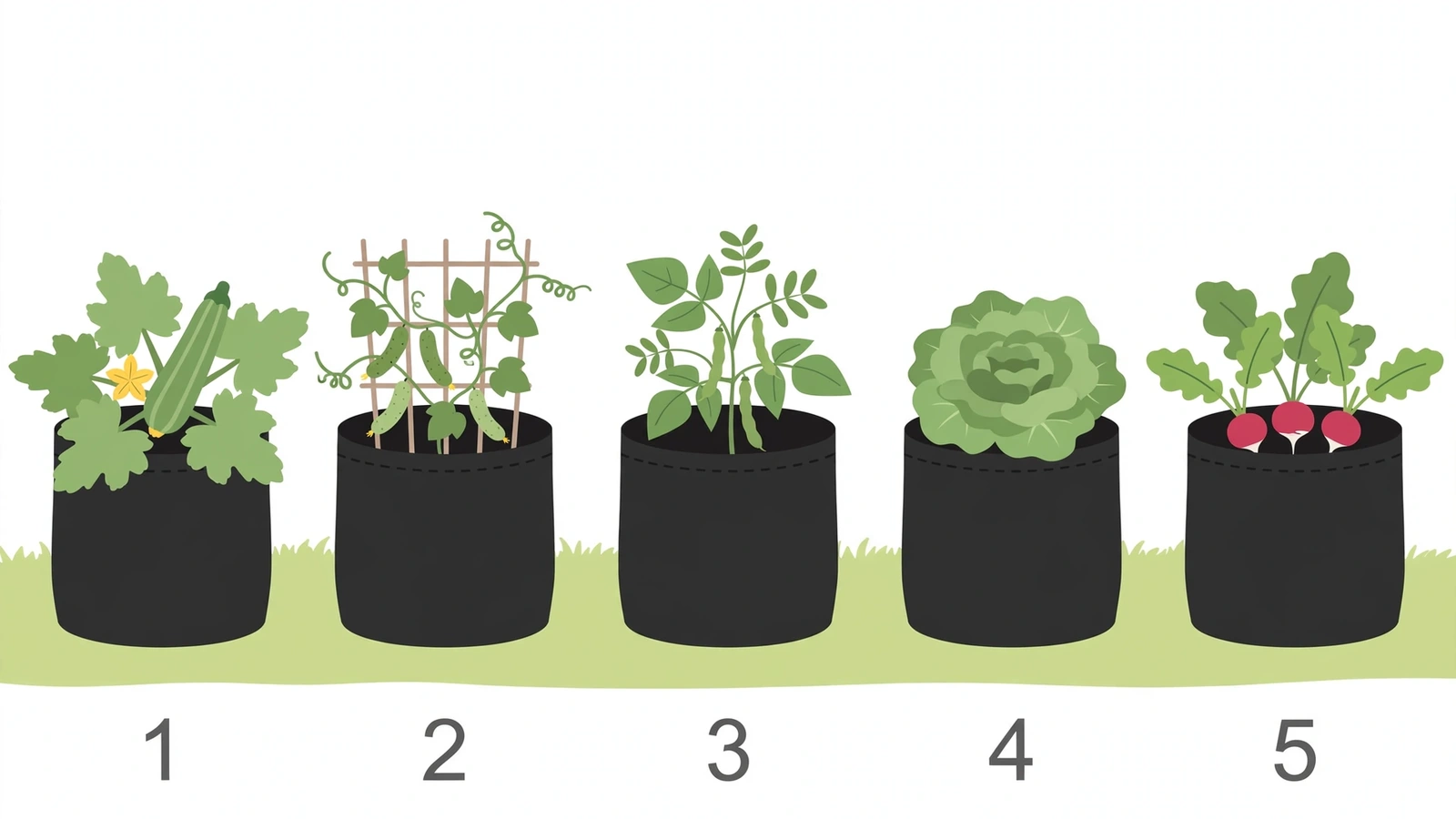 AI-generated overhead layout diagram of five grow bags in a row