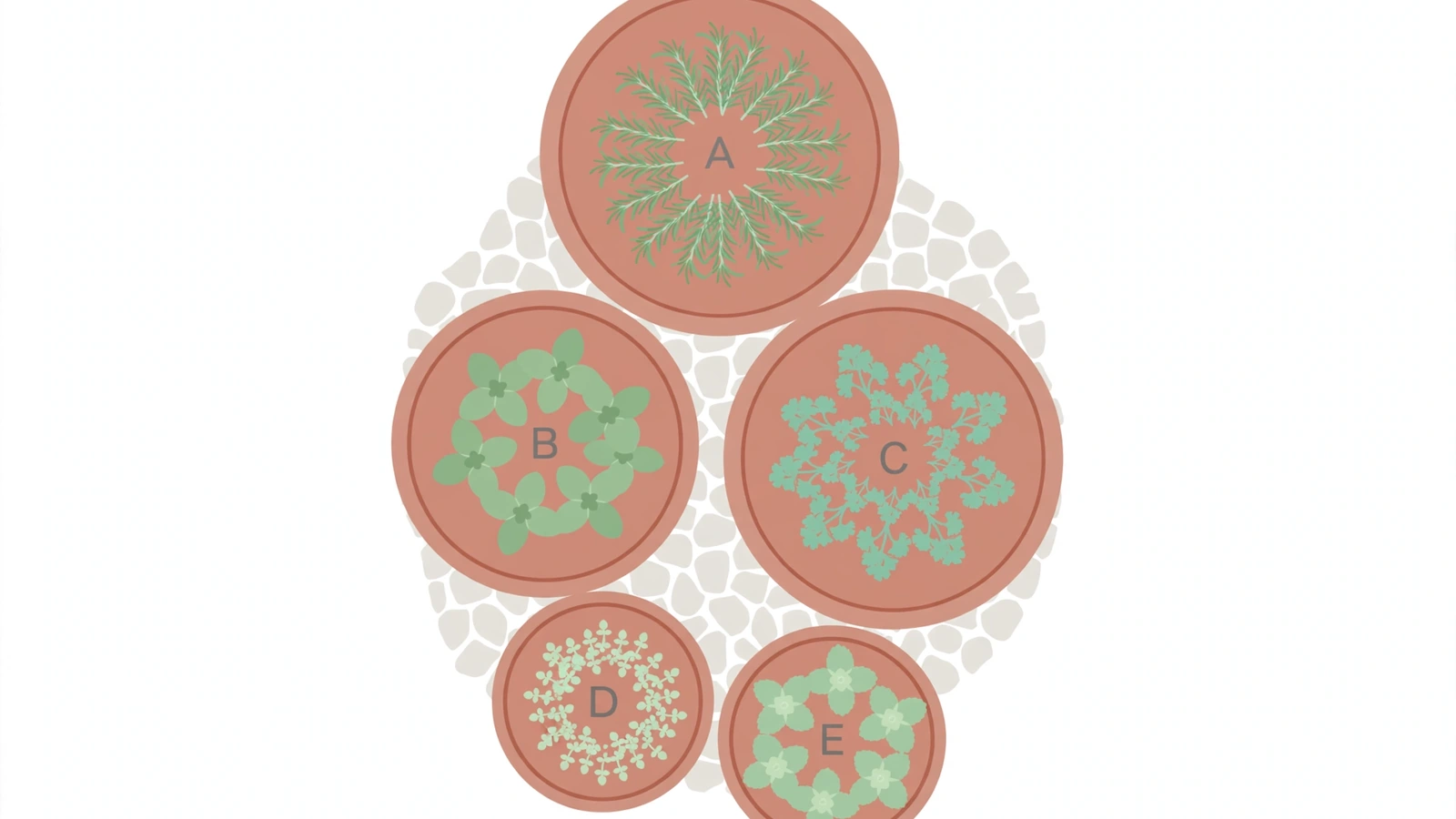 AI-generated overhead layout diagram of five herb pots on a patio