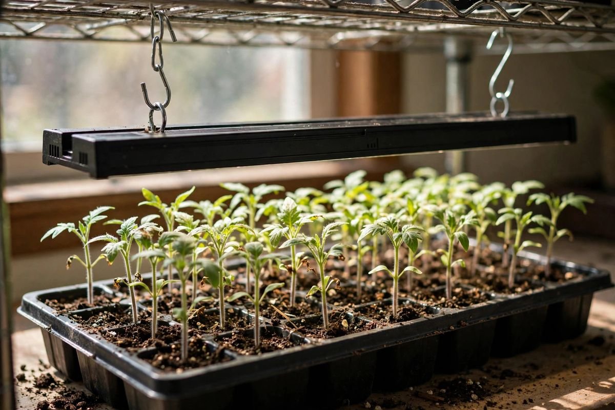 An LED grow light suspended on chains a few inches above young tomato seedlings