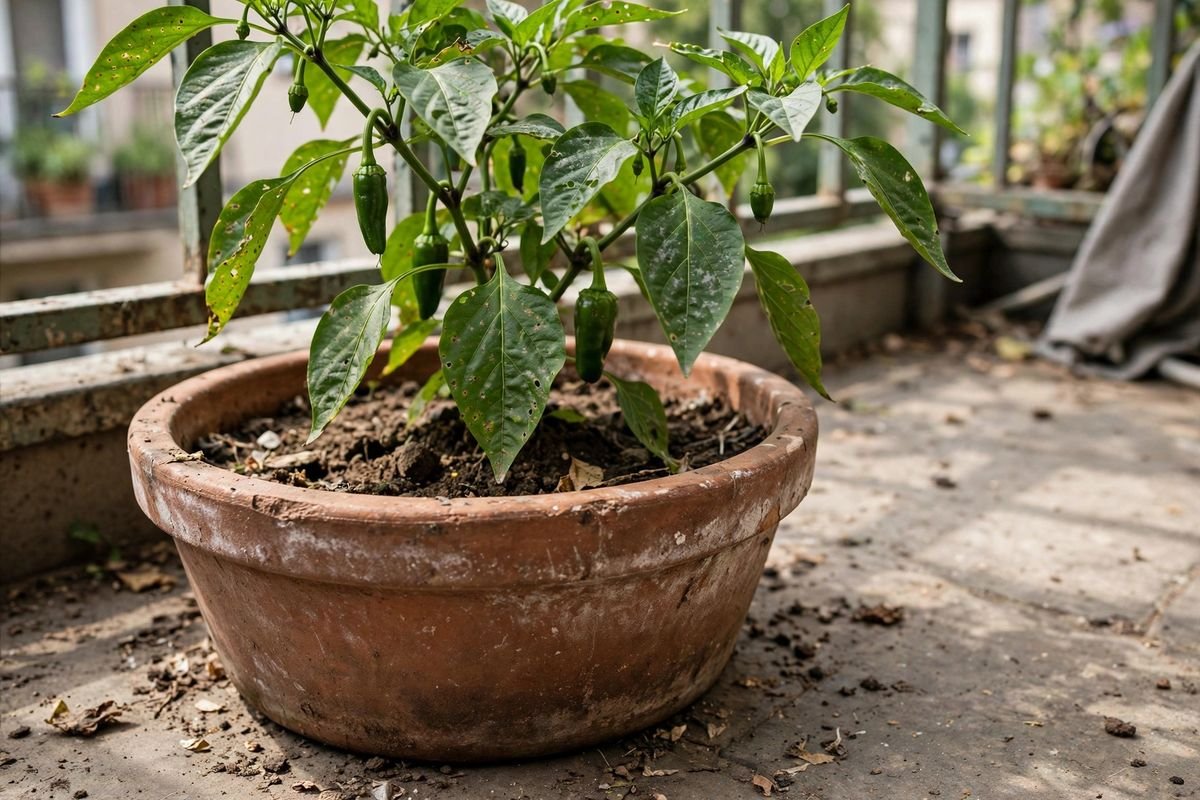 Low, wide-based terracotta pot holding a pepper plant, chosen for stability in wind