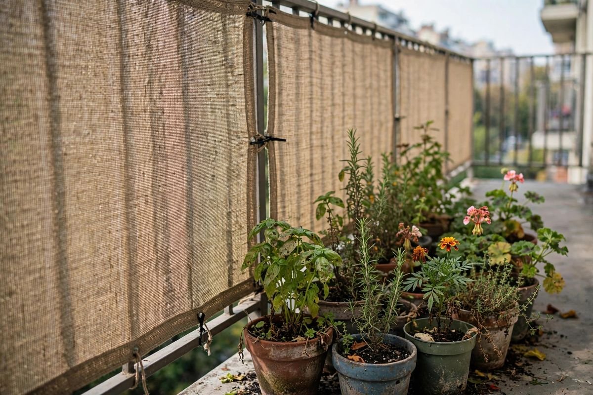 Mesh windbreak screen fastened to a balcony railing with potted plants sheltered behind it