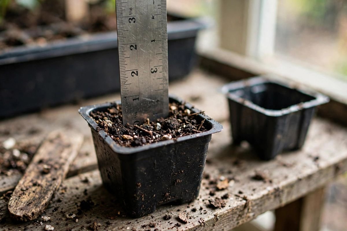 A metal ruler standing inside a black seed-starting cell filled with seed-starting mix, measuring the cell depth in inches