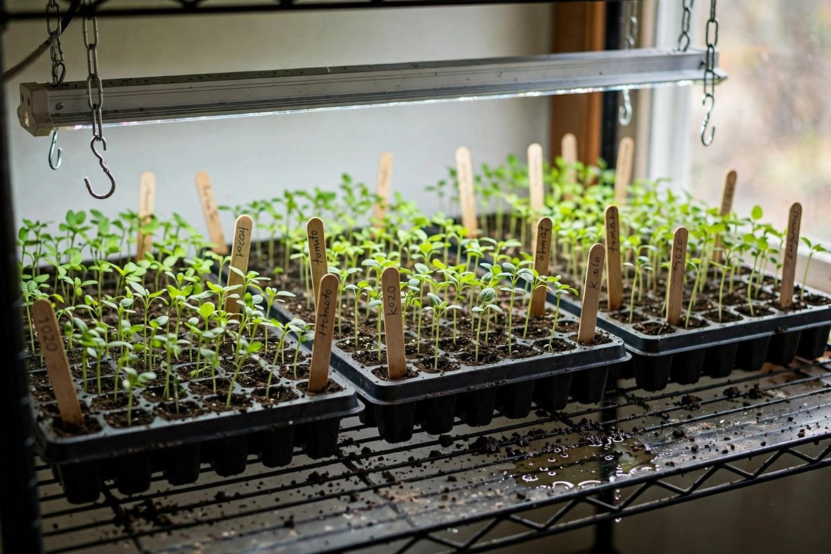 One shelf of an indoor seed starting station with seedling trays under a suspended grow light