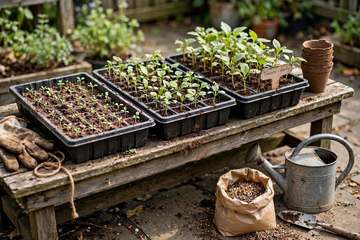 A patio seed-starting bench with reusable trays of seedlings at different stages, a stack of used peat pots, and gardening tools