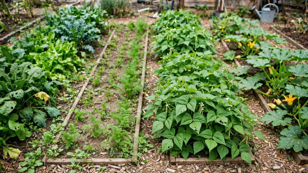 Garden bed divided into sections growing greens, carrots, beans, and squash