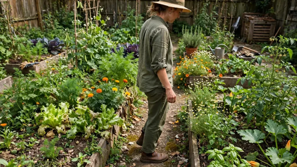 Gardener walking between lush garden beds with diverse vegetables and flowers