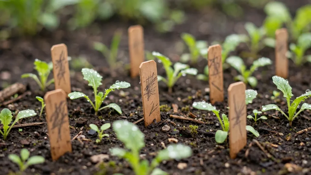 Handwritten wooden plant tags among young seedlings in garden soil