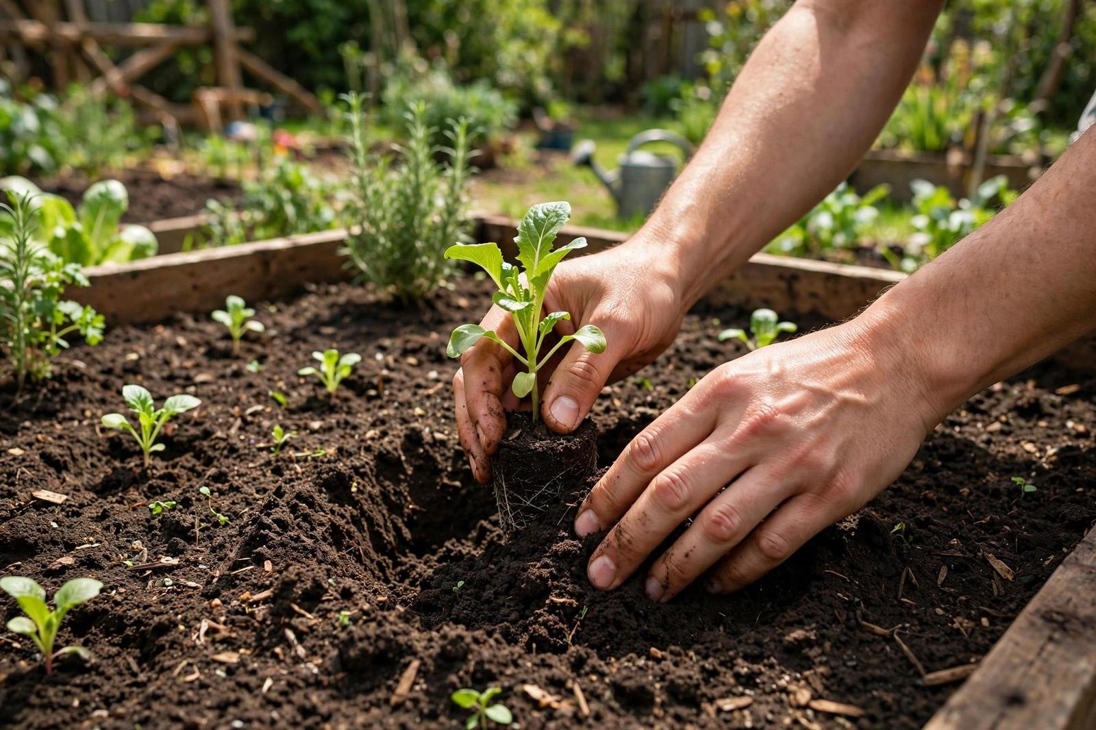 Illustration: a sunny backyard vegetable garden with rows of growing plants