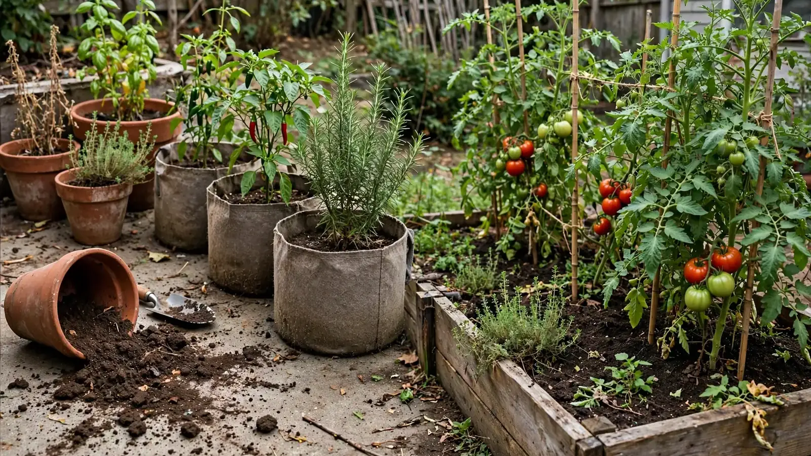 Illustration: Terracotta pots and fabric grow bags with herbs and peppers on a patio beside a wooden raised bed of staked tomato plants.