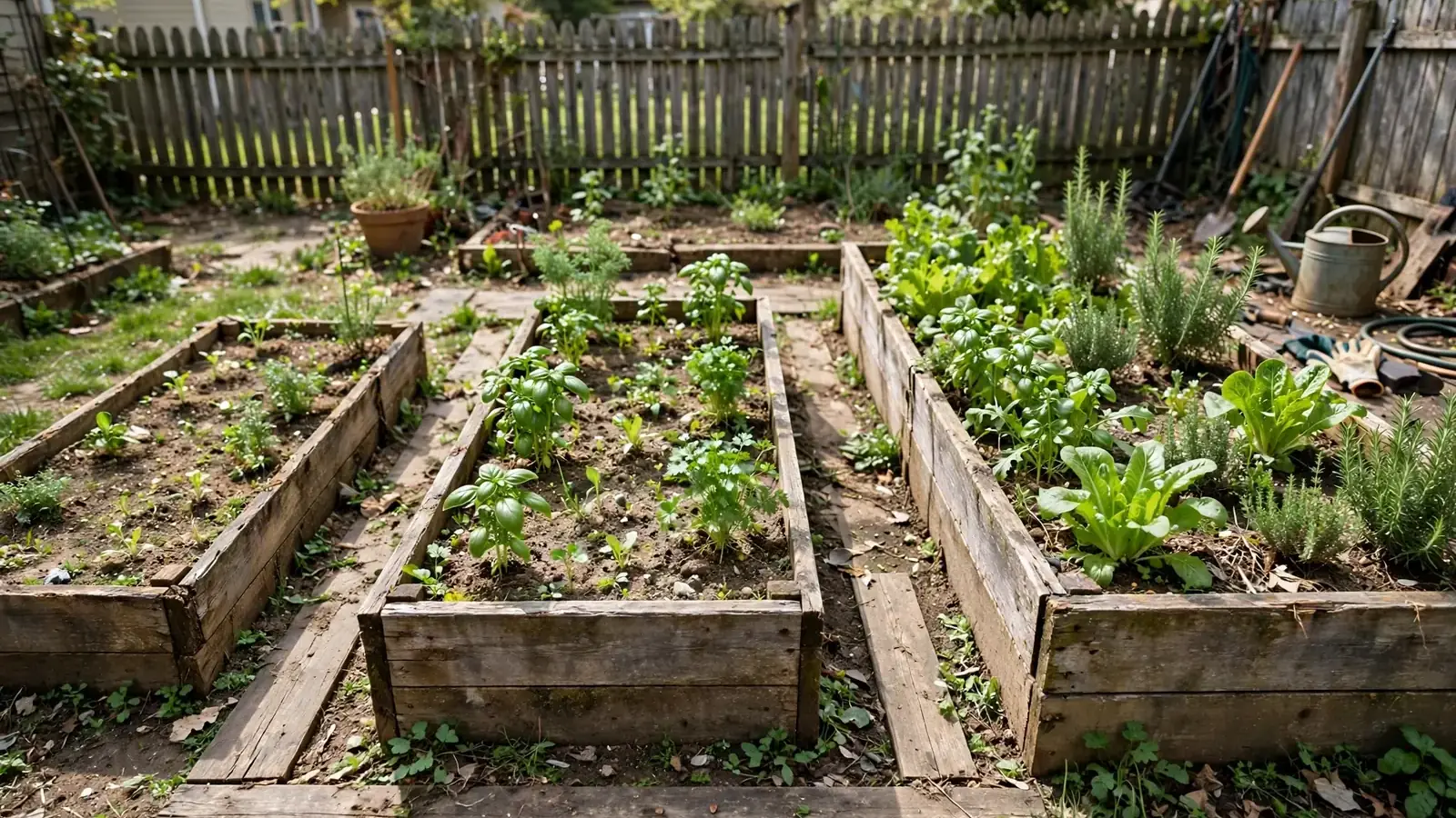 Illustration: Three wooden raised beds of different sizes in a fenced backyard, planted with herbs and leafy greens, with a watering can and gardening gloves nearby.