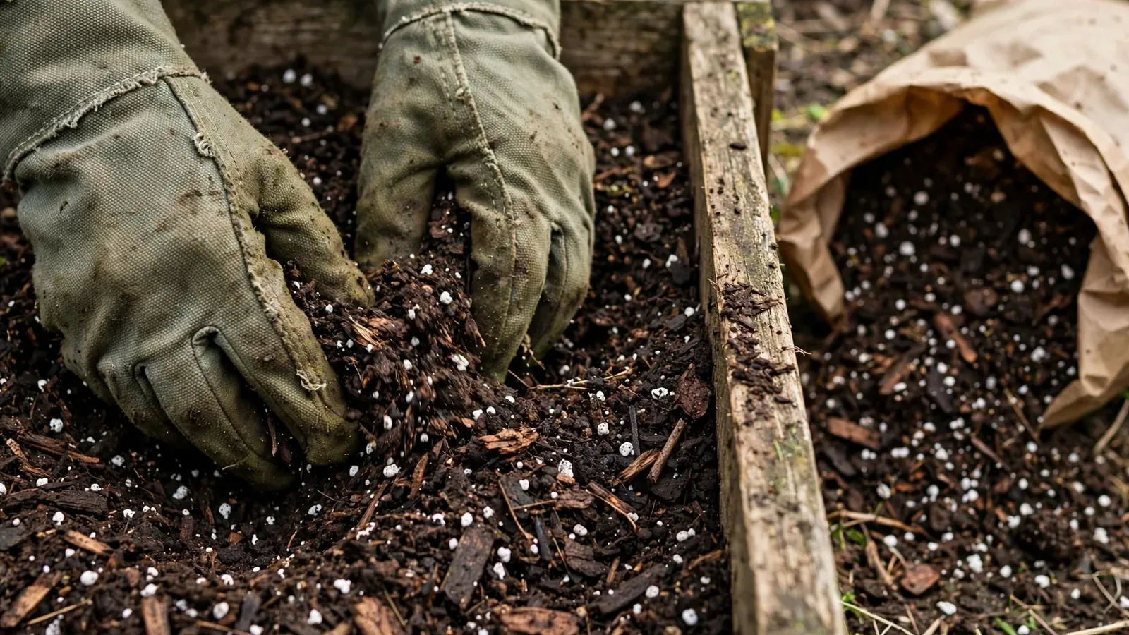 Illustration: Gloved hands mixing dark raised bed soil with perlite in a wooden bed frame, with an open bag of soil mix beside it.