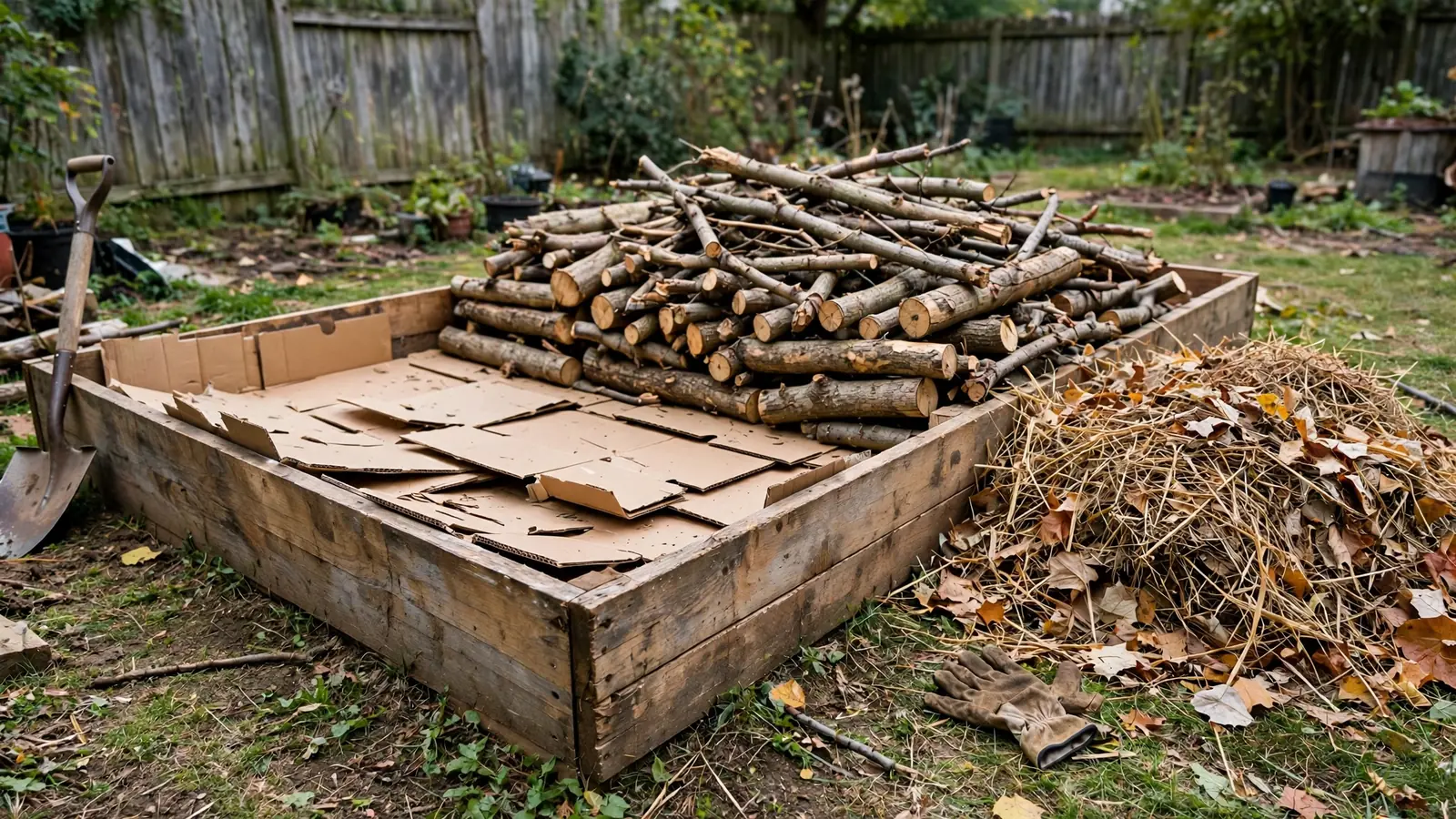 Illustration: A wooden raised bed frame layered with cardboard sheets and stacked logs and branches, with straw and fallen leaves piled beside it for filling the bottom layers.