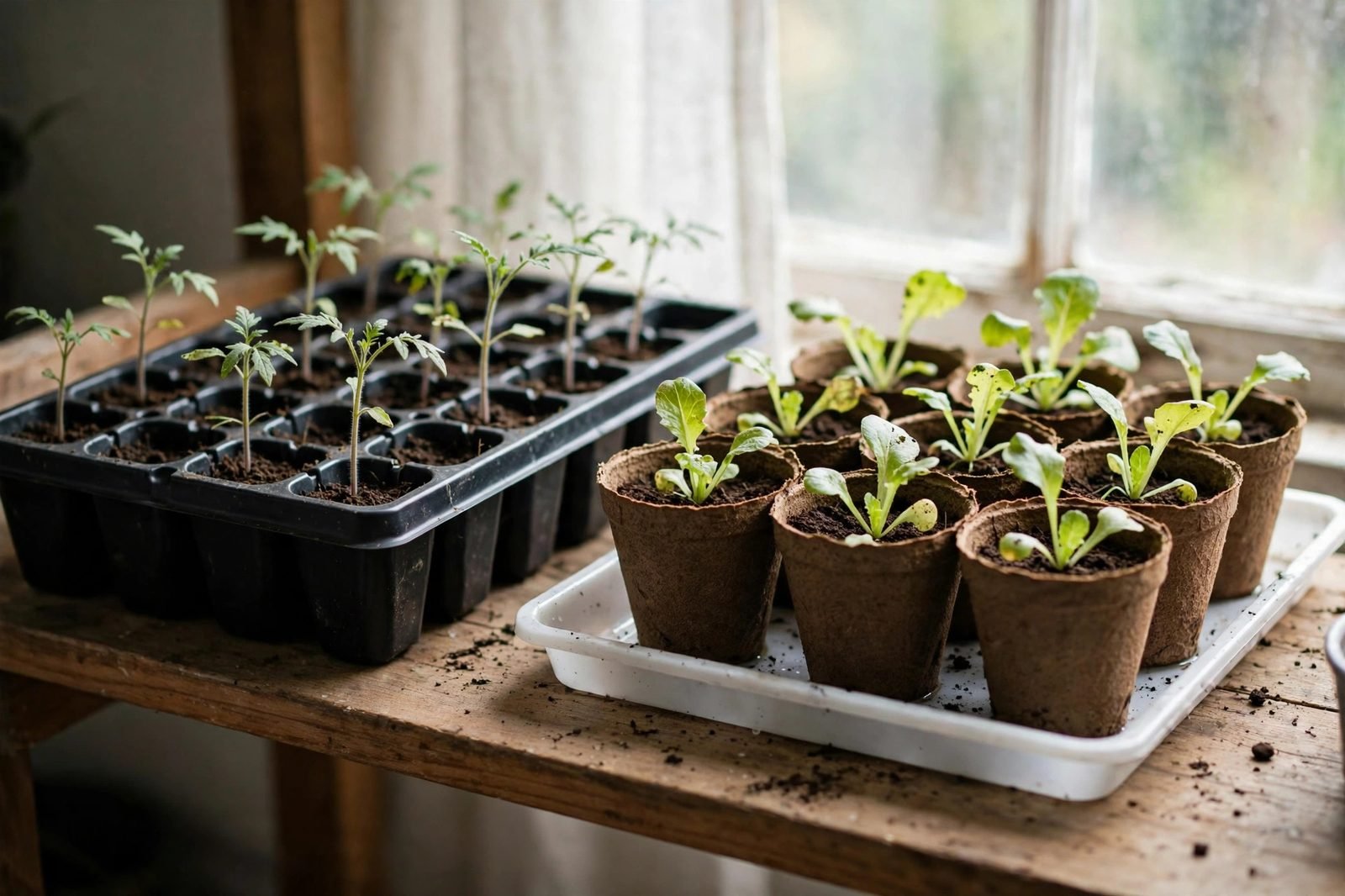 Seed-starting shelf with a reusable black plastic tray and biodegradable peat pots holding young seedlings