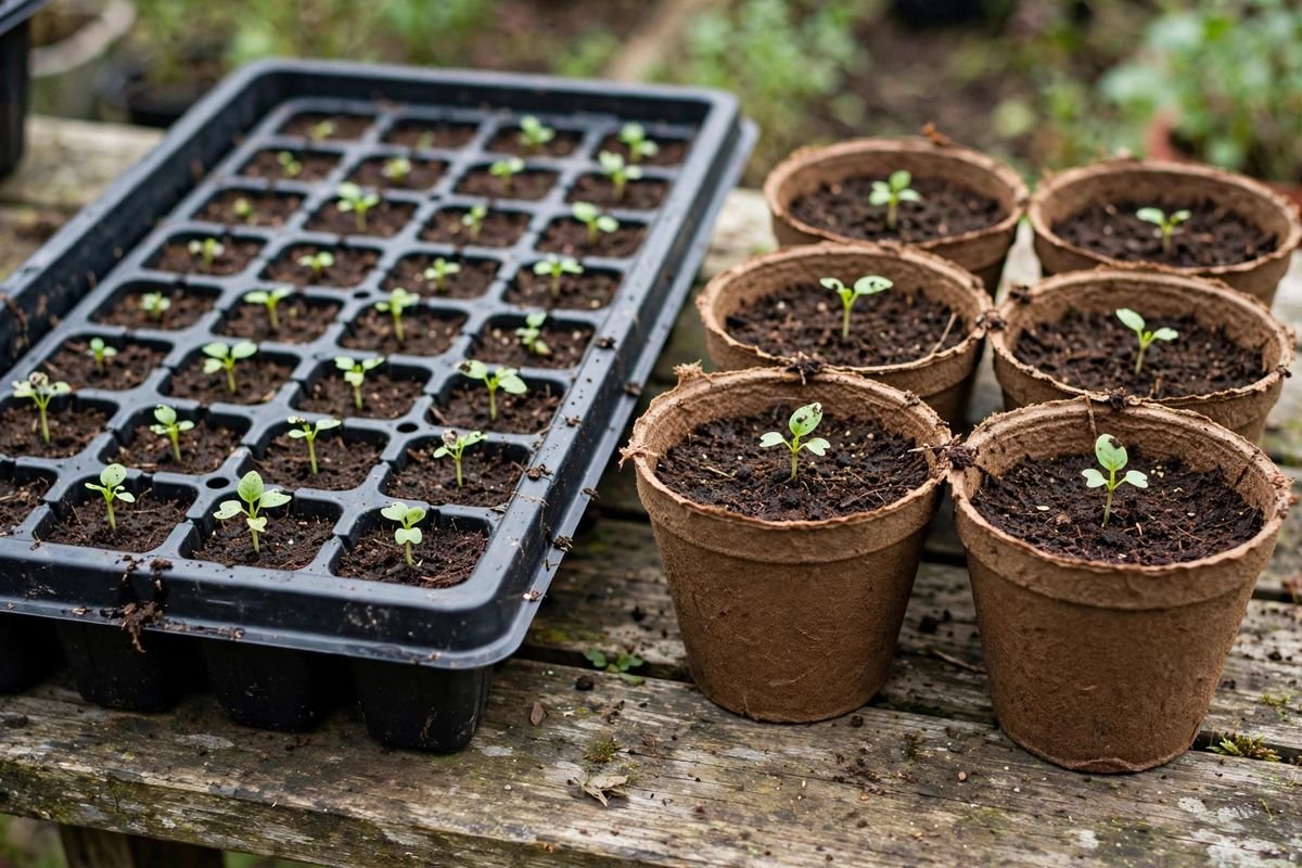 A rigid black reusable plastic seed tray next to brown biodegradable peat pots, both holding young seedlings at the same stage