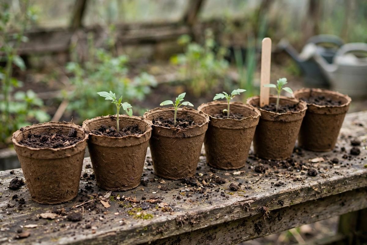 Row of biodegradable peat pots filled with seed-starting mix and young tomato seedlings