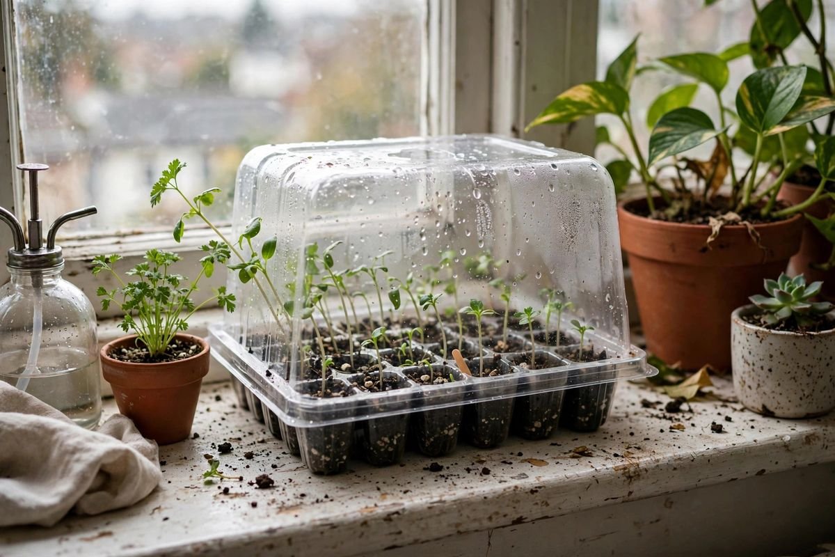 Seed starting kit with humidity dome on a sunny windowsill beside plant labels and a mister