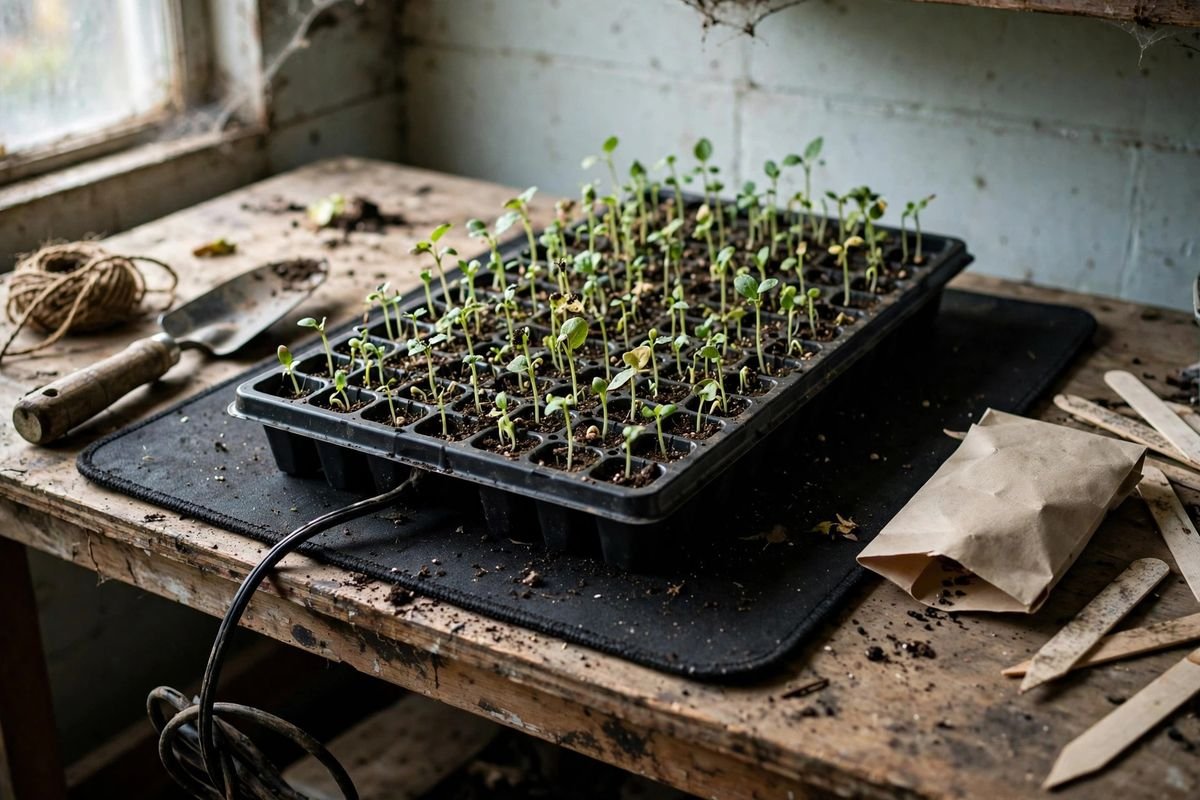 Seedling heat mat under a cell tray of newly sprouted seedlings on a workbench