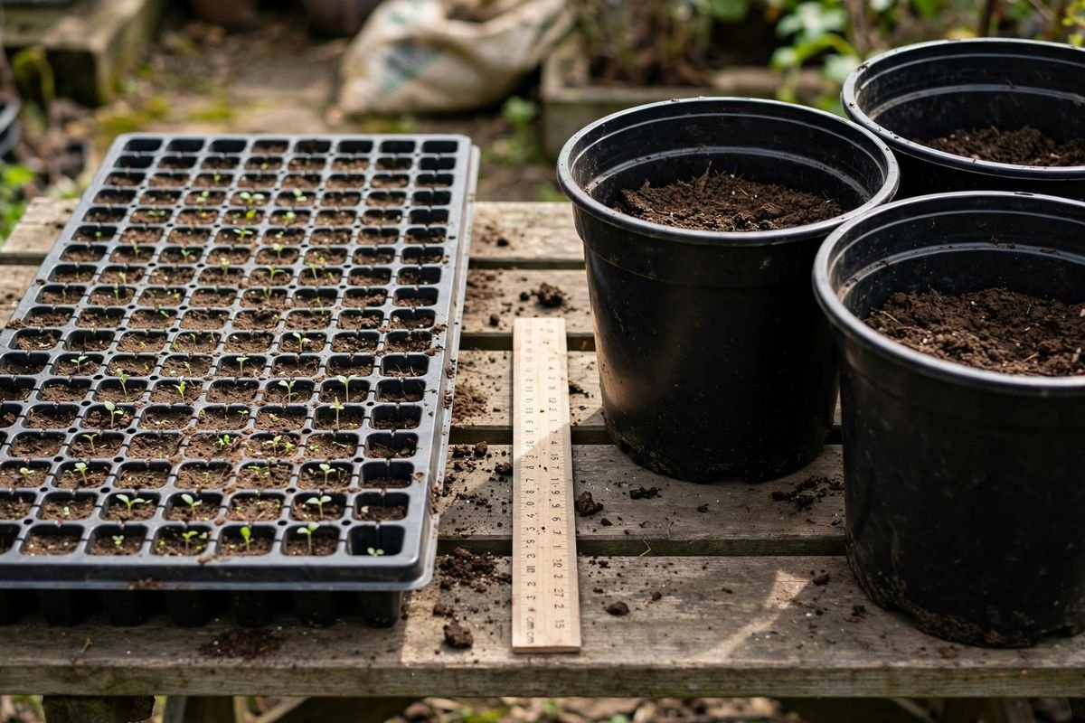 A shallow 128-cell plug tray beside deep 4-inch pots on a wooden bench, with a ruler between them showing the height difference