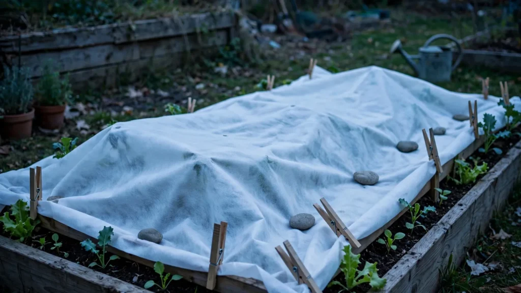 Garden bed covered with white frost cloth held by clothespins and stones at dusk