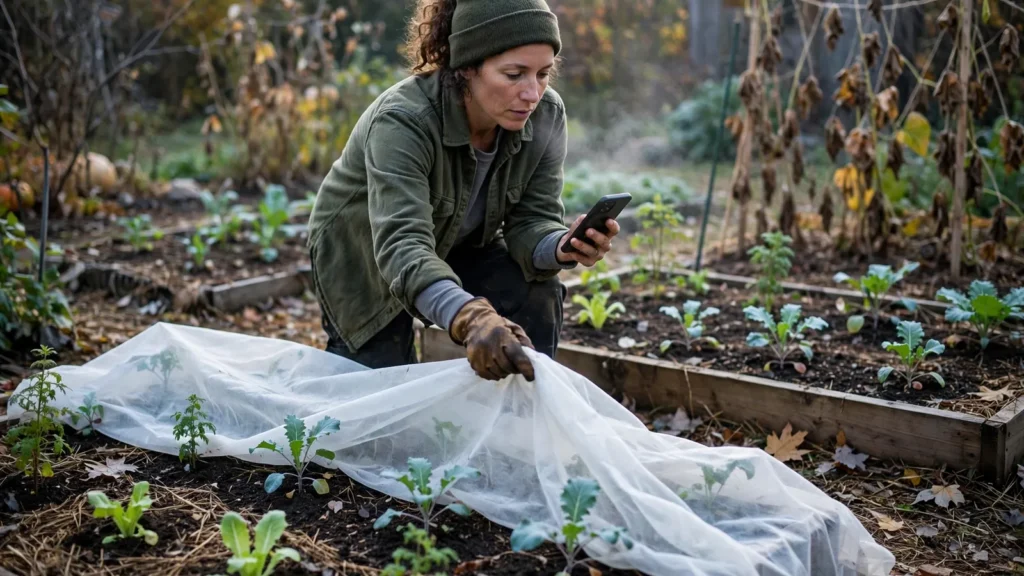Gardener checking a smartphone while pulling frost cloth over young plants on a cool morning