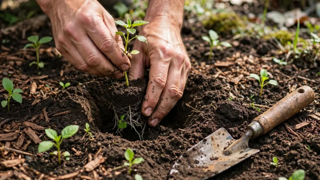Gardener's hands transplanting a seedling into dark garden soil beside a hand trowel