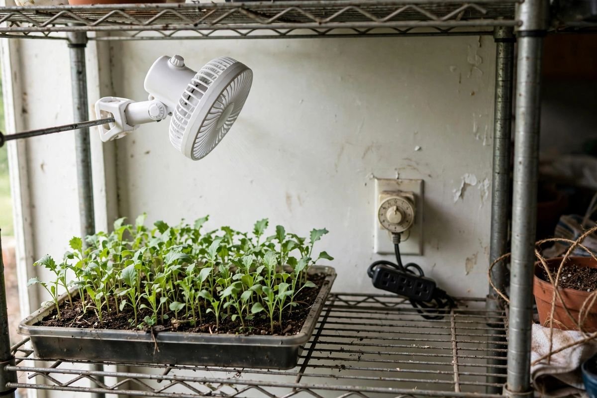 A small clip-on fan aimed at seedling trays with a plug-in mechanical timer in the wall outlet beside the shelf