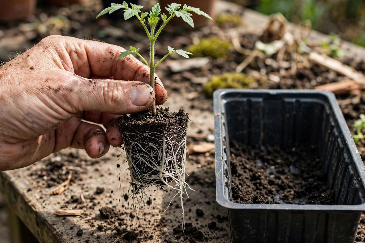 A soil-dusted hand holding a tomato seedling whose dense white root ball fills the full depth of the soil plug it grew in