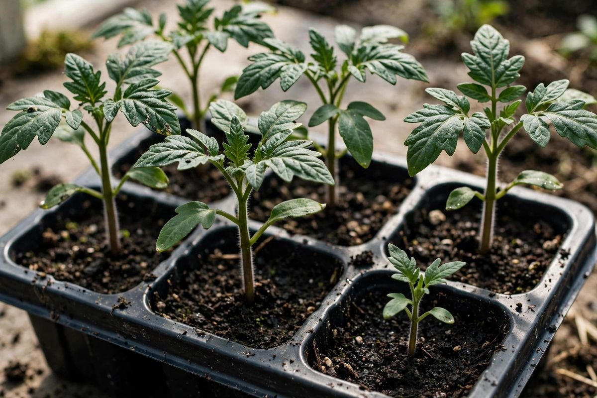 Stocky dark-green tomato seedlings with thick stems and first true leaves in a cell pack