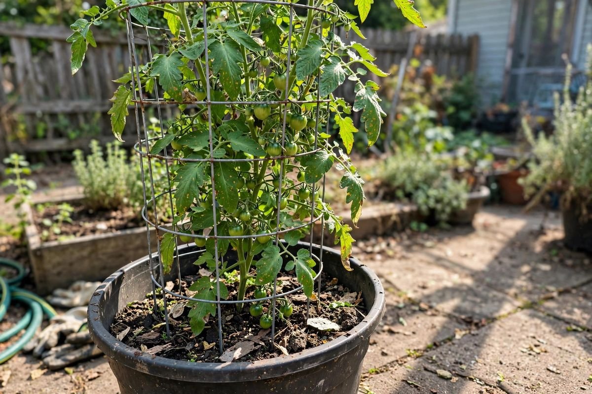 Tall tomato plant with green fruits growing in a large black pot with a metal support cage on a sunny patio