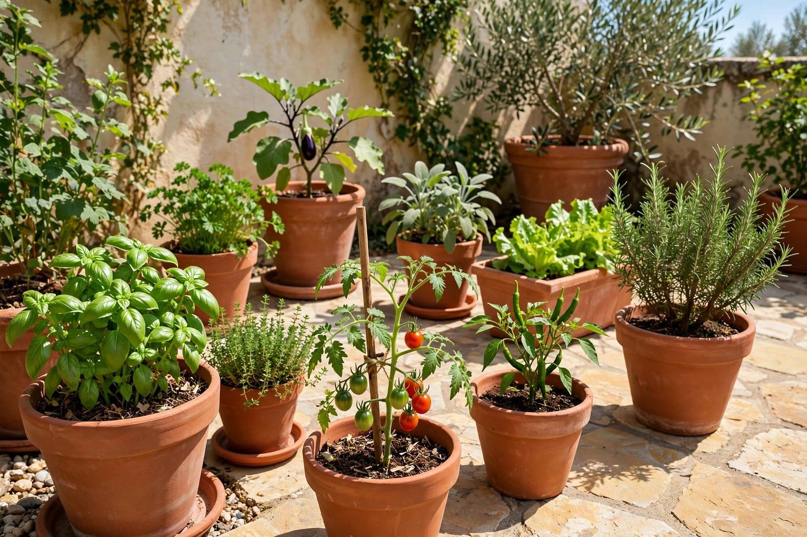 Illustration: Terracotta pots of basil, cherry tomatoes, peppers, and herbs on a sunny patio