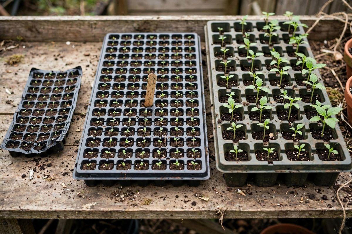 Three seed-starting cell trays side by side showing different cell sizes, from many small cells to fewer large cells