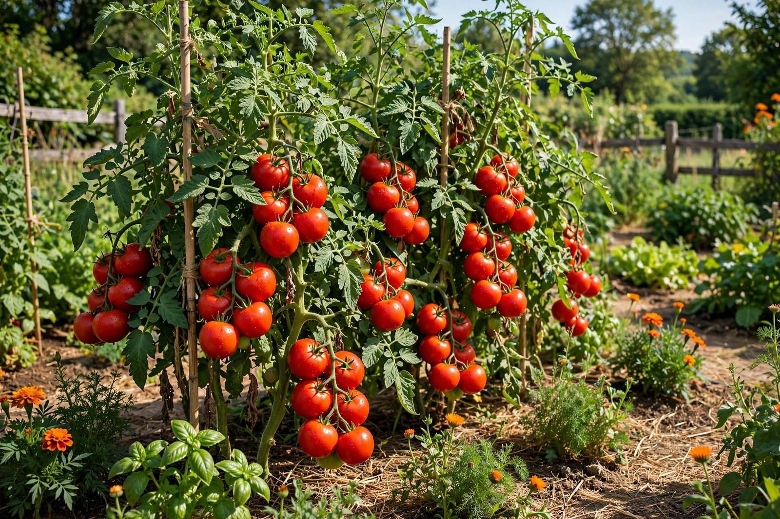 Illustration: Tomato vines heavy with ripe red tomatoes on bamboo stakes in a garden
