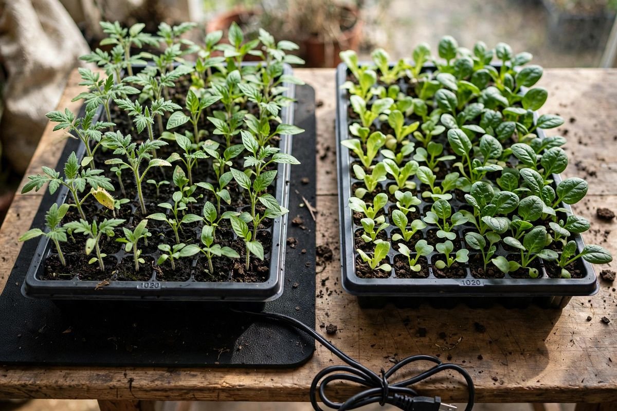 Two seedling trays side by side: pepper and tomato seedlings on a heat mat next to lettuce and spinach seedlings with no mat