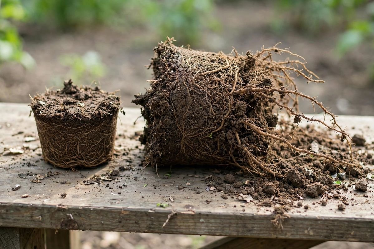 Two tomato root balls side by side on a wooden bench, one small and densely root-bound and one larger with looser fibrous roots
