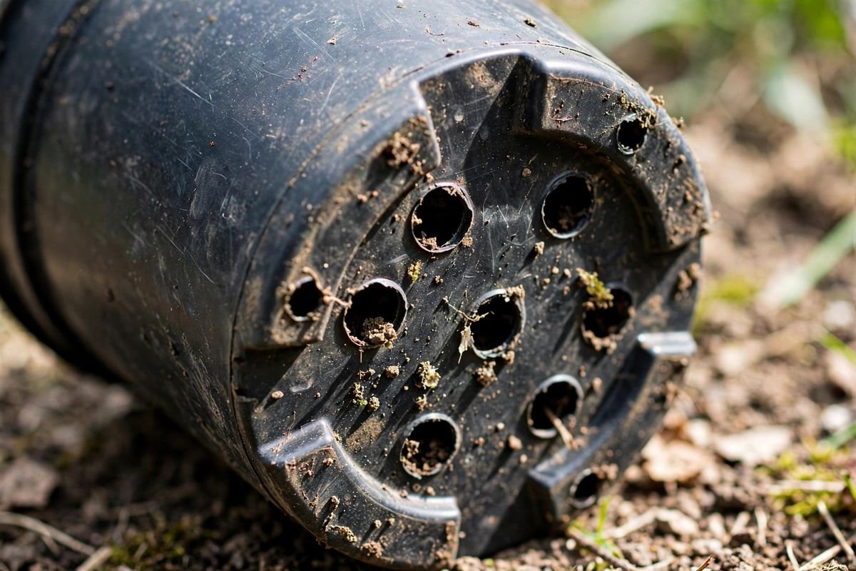 Underside of a black nursery pot tipped to show several round drainage holes with bits of soil around them