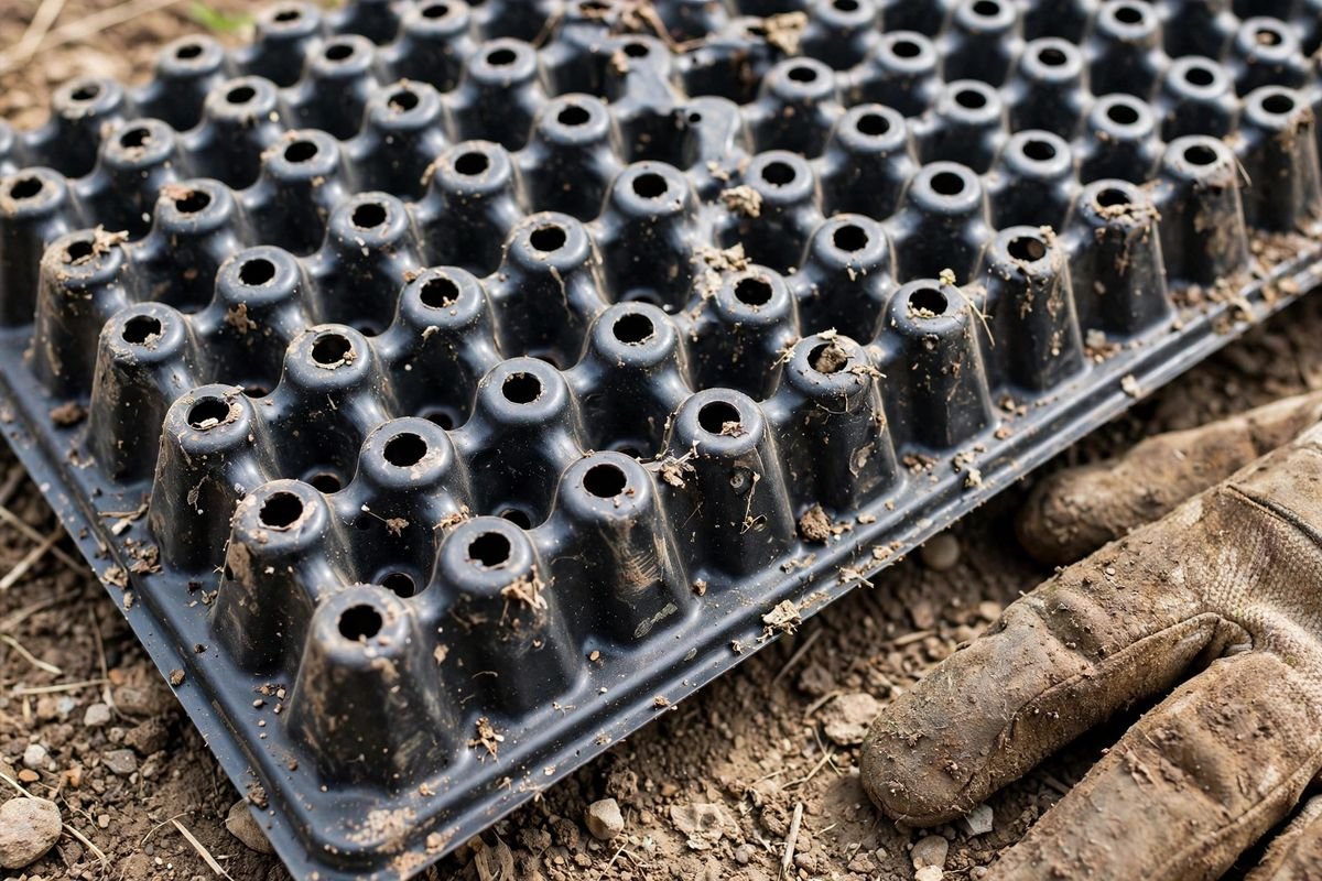 Underside of a used black plastic cell tray showing the drainage hole in each cell