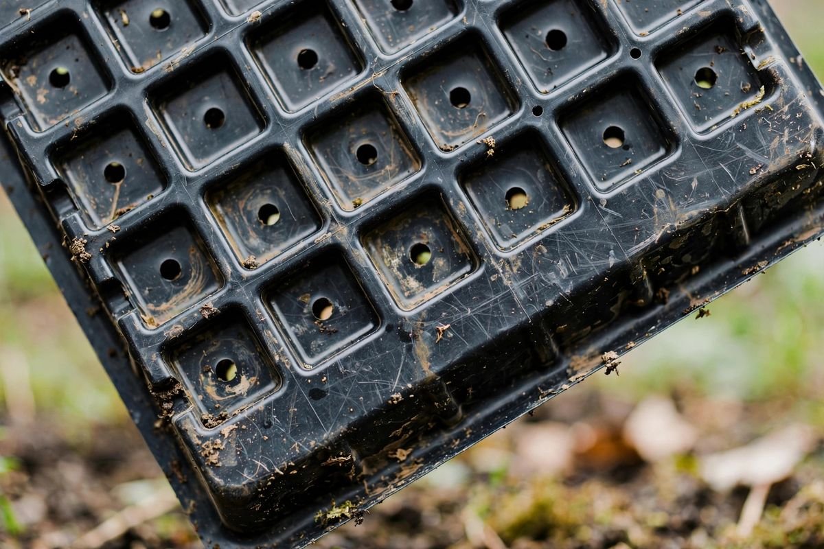 The underside of a well-used reusable seed tray showing the drainage hole grid beneath each cell