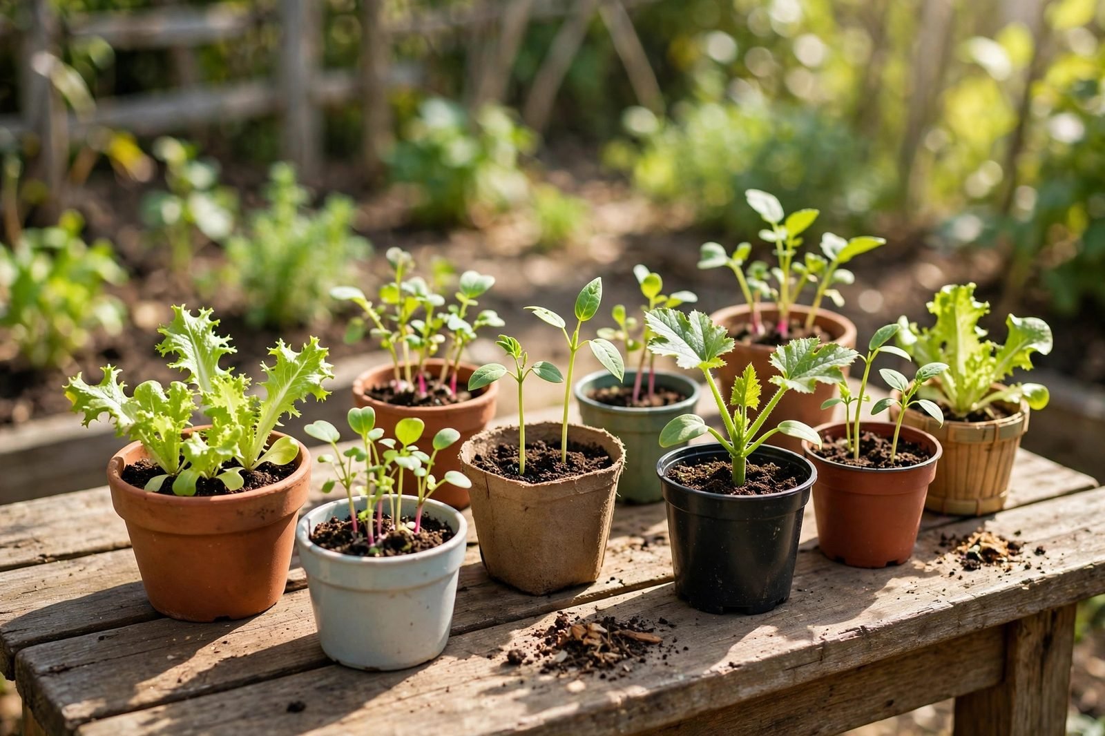 Illustration: Vegetable seedlings in terracotta and plastic pots on a sunny wooden bench