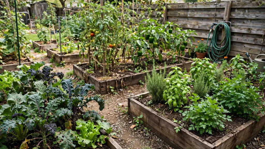 Suburban backyard with raised beds growing tomatoes, peppers, herbs, and leafy greens