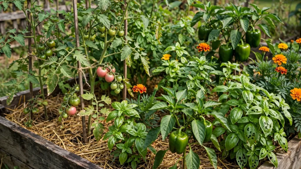 Raised bed with staked tomatoes, bell peppers, basil, and marigolds in straw mulch