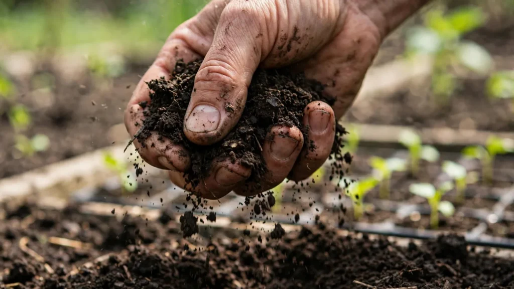 Gardener's hand crumbling rich dark garden soil over a seedling bed