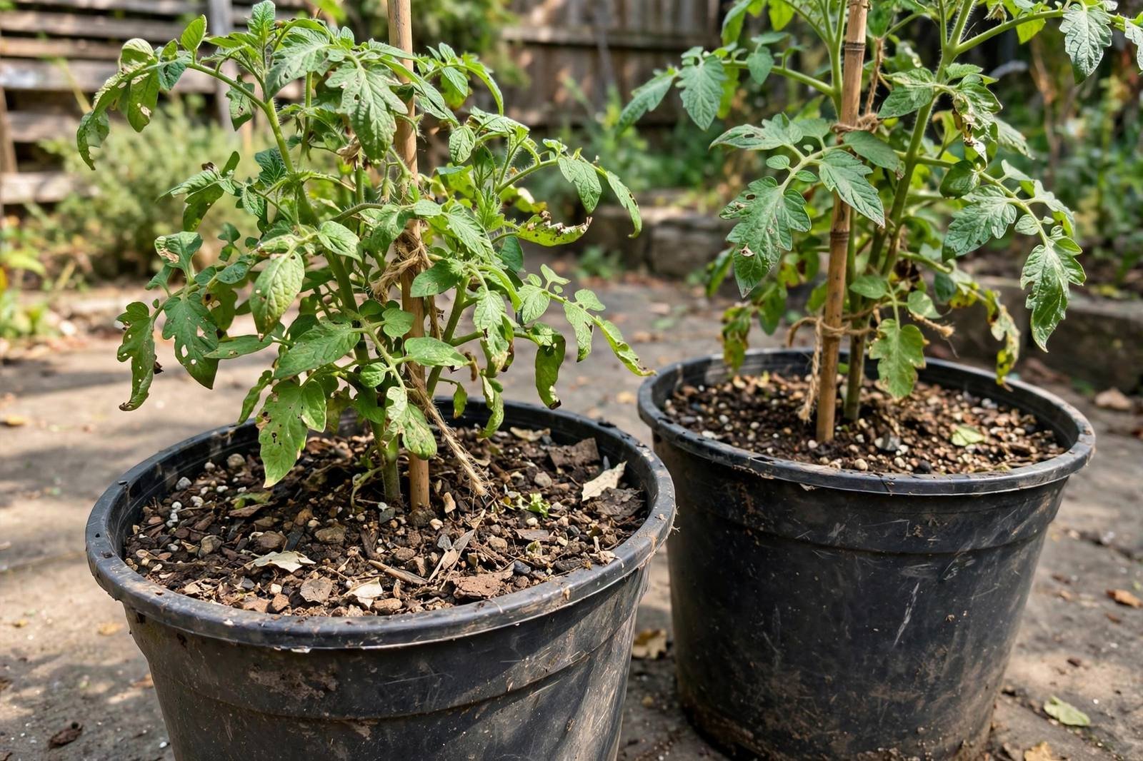 Two tomato plants in large black pots on a sunny patio