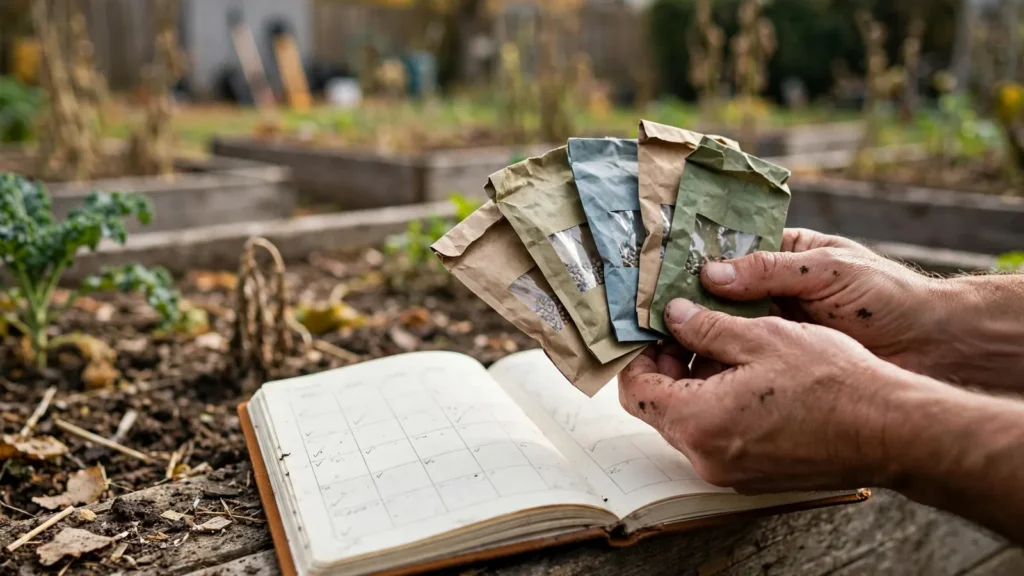 Gardener's hands holding vegetable seed packets over a planting calendar notebook in a fall garden