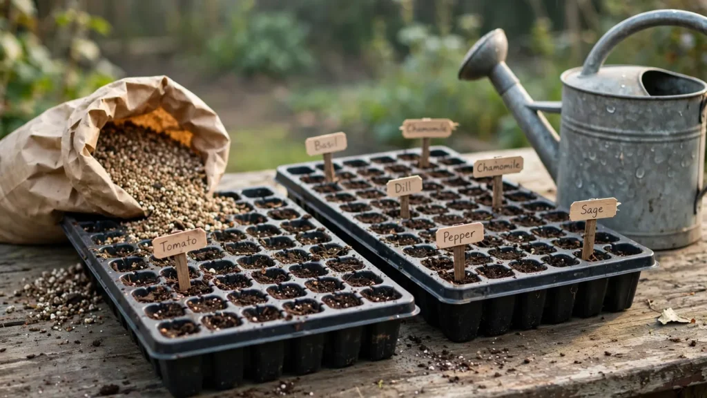 Seed-starting trays with handwritten plant labels on a patio table