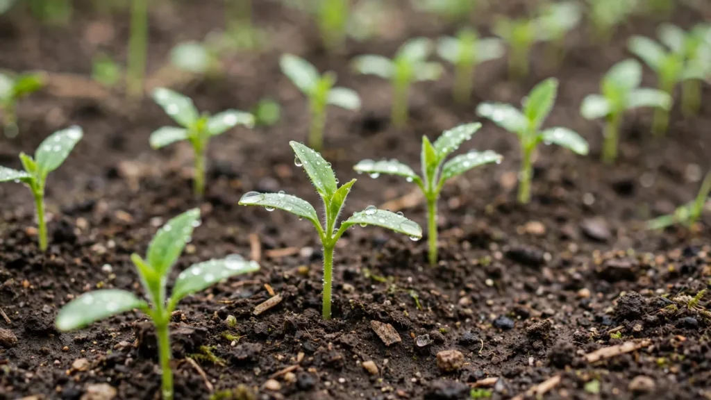 Young seedlings emerging in rows in dark garden soil