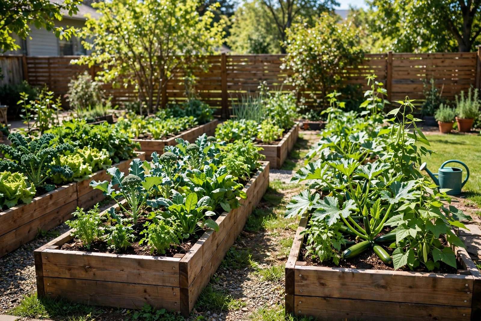 Illustration: wooden raised garden beds filled with young vegetable plants