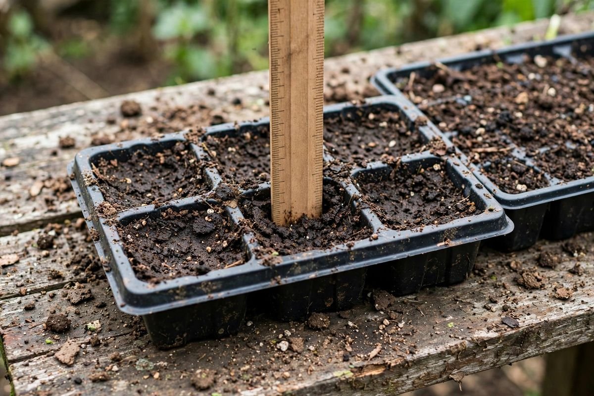 Wooden ruler standing in a soil-filled cell to measure cell depth